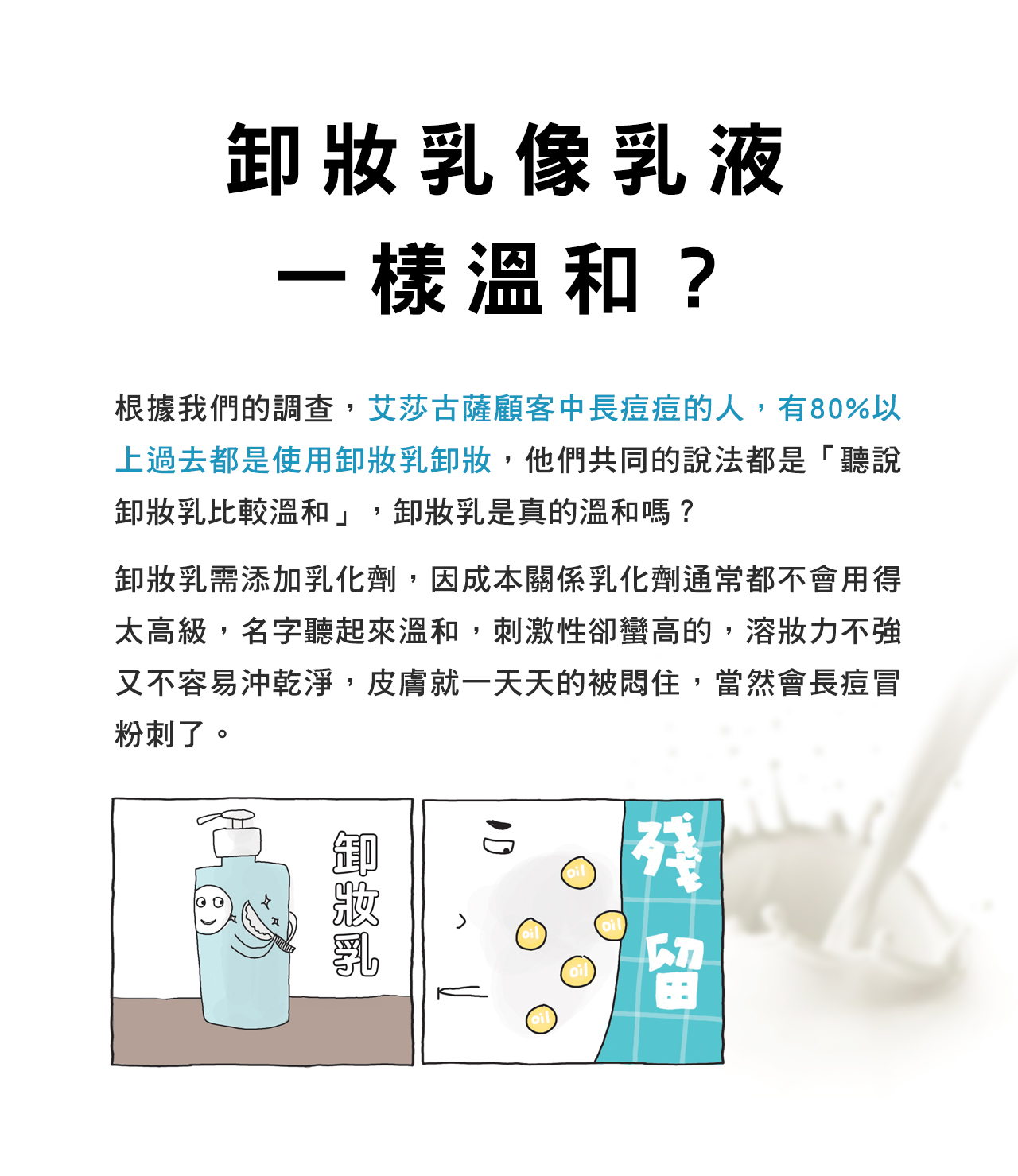 "根據我們的調查，艾莎古薩顧客中長痘痘的人，有80%以上過去都是使用卸妝乳卸妝，他們共同的說法都是「聽說卸妝乳比較溫和」，卸妝乳是真的溫和嗎？
卸妝乳需添加乳化劑，因成本關係乳化劑通常都不會用得太高級，名字聽起來溫和，刺激性卻蠻高的，溶妝力不強又不容易沖乾淨，皮膚就一天天的被悶住，當然會長痘冒粉刺了。"